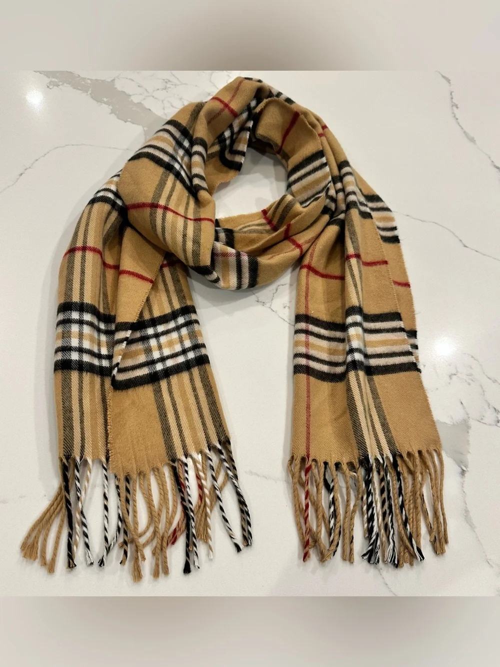 V. Fraas Cashmink Plaid Scarf Tan Red Black Fringed Made In Germany Soft Vintage